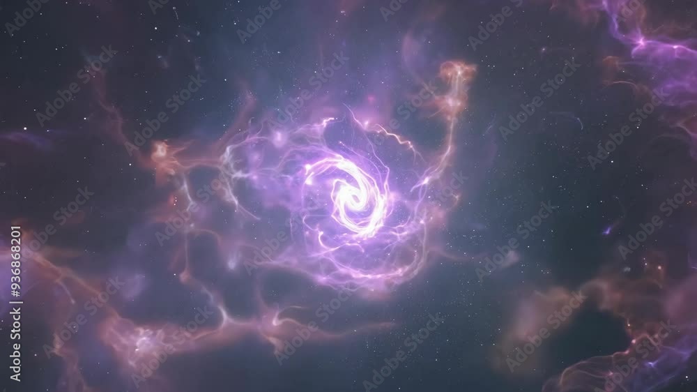 Poster a slow rotating nebula in deep space with vibrant colors and swirling gases