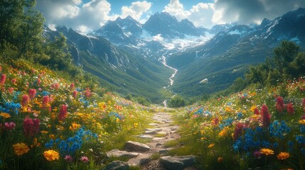 Mountain Path through Blooming Meadows