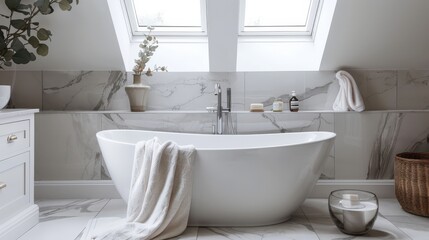 Fototapeta premium Modern Luxe Bathroom with Marble Panels and Sleek Bathtub