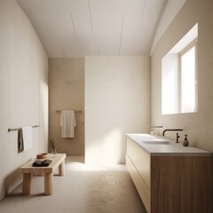 Fototapeta premium Modern Minimalist Beige Bathroom Interior with Natural Light, Wooden Elements, and Minimal Decor
