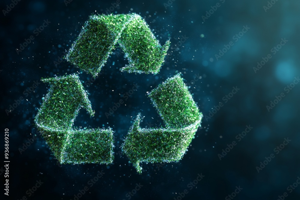 Poster digital recycling symbol made of glowing particles in a dark environment representing the fusion of 