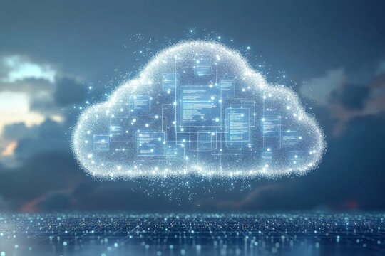 Illuminated digital cloud integrated with futuristic city elements representing the convergence of cloud computing smart technology and urban infrastructure in a night time scenario