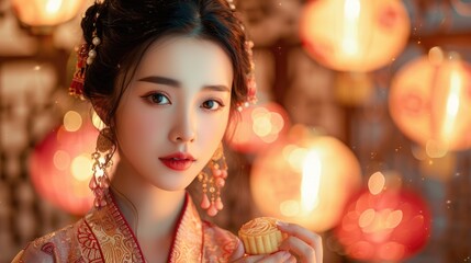 Enchanting celebration: mid-autumn festival, moon goddess Chang'e holding mooncakes against a moonlit sky, chinese lanterns, unity and abundance traditional festival honoring harvest, lunar deities.