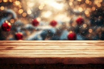 Christmas holiday background with empty wooden deck table over winter bokeh. Ready for product montage