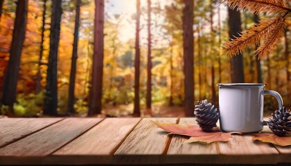 Enamel Mug tabletop mockup with an autumn view - illustration of an enamel mug on a weathered wooden table among forest landscape. Graphic art illustration