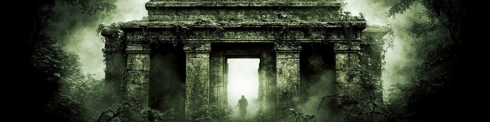 Fototapeta premium Mysterious Ancient Stone Temple Entrance with Green Fog and Silhouette of a Person Evoking a Dark and Mystical Atmosphere
