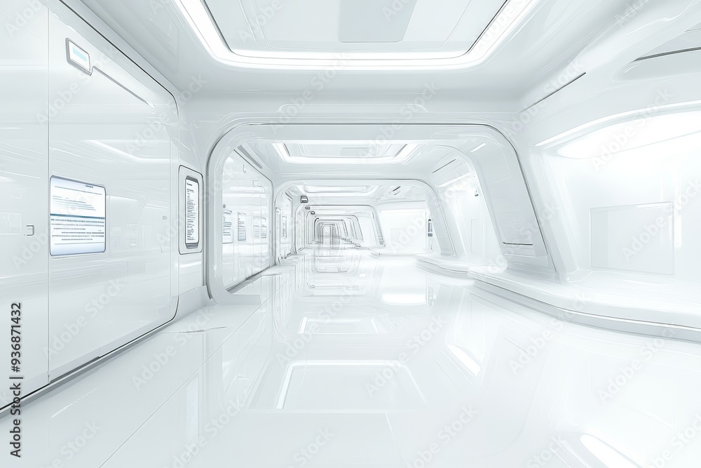 Poster minimalist futuristic corridor with clean white walls and soft lighting representing a sterile high 