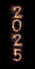 Happy new year 2025 written with Sparkle firework isolated on black background