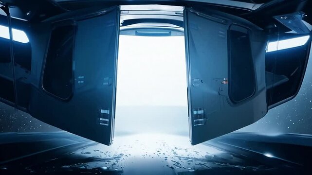 A door in a high-tech spaceship opens the view to other areas.