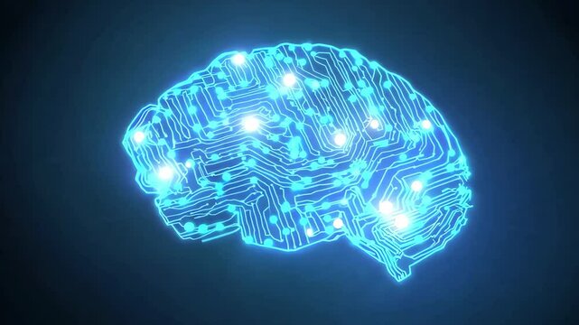 Futuristic digital brain illustration with circuitry and glowing lights, symbolizing technology and artificial intelligence advancement.
