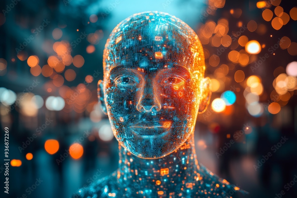 Poster abstract digital human head with vibrant orange and blue light patterns symbolizing the dynamic inte