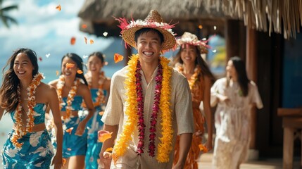 A group of guests wearing leis and casual beach attire arrives at a beautiful beach resort, excited for their vacation