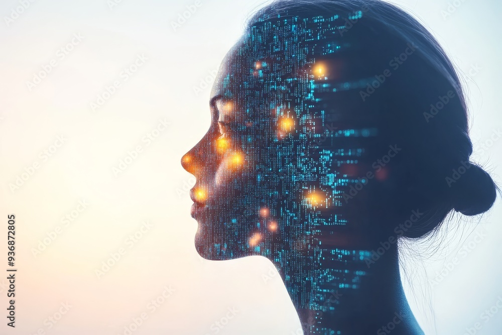 Poster silhouetted profile of a womans head with digital data patterns overlaying symbolizing the fusion of