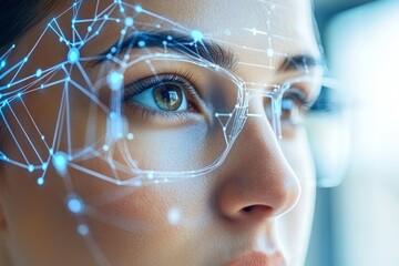 Profile of a woman with facial recognition grid overlaying her face showcasing the intersection of advanced AI technology with human identity and personal security in a modern world