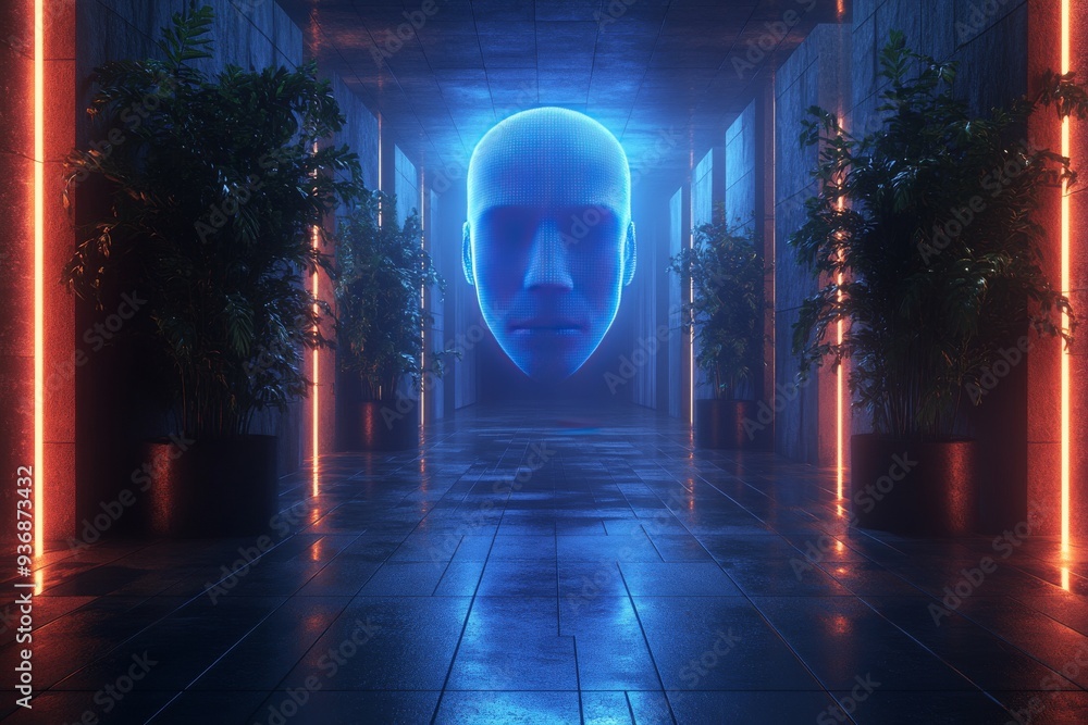 Poster glowing blue holographic face in a futuristic corridor representing the digital presence and the mer
