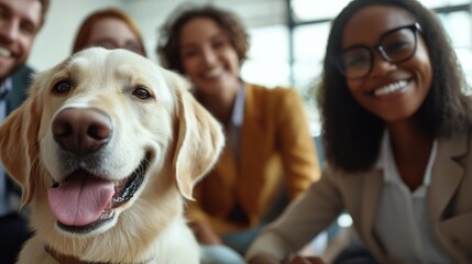 Friendly Group of Professionals Celebrating with a Golden Retriever