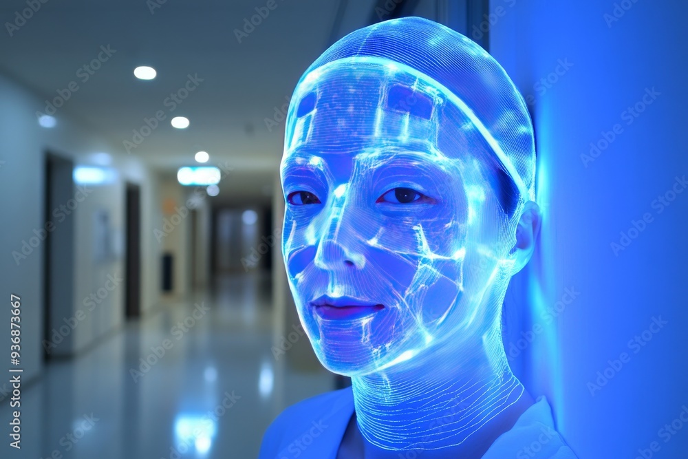 Aufkleber glowing blue facial patterns on a womans face symbolizing the merging of human identity and digital 