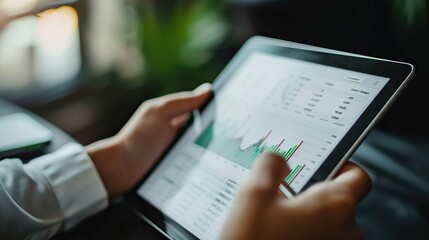 Businessman using tablet device financial statistics and graphs for business insights