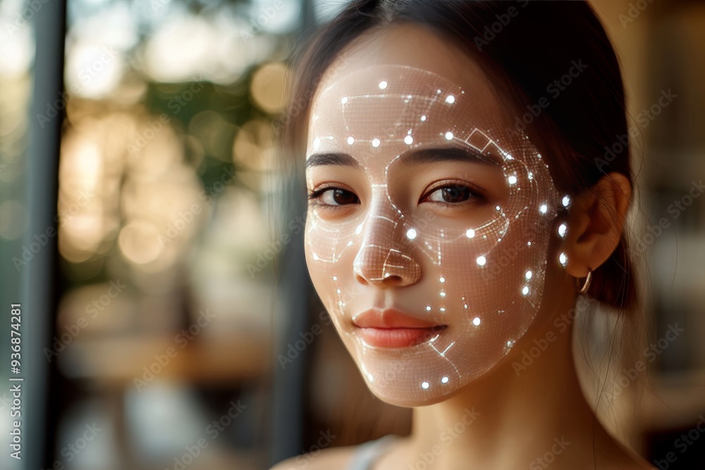 Poster woman with digital facial recognition patterns overlaid on her face symbolizing the intersection of 