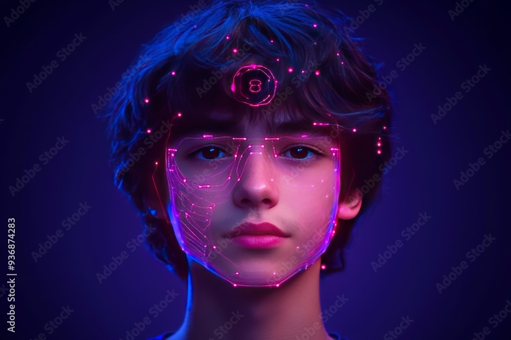 Poster close up of a young man with a red digital circle on his forehead symbolizing the integration of tec