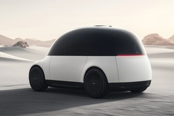 Obraz premium Futuristic autonomous vehicle with a sleek design in a desert landscape representing the integration of cutting edge technology and advanced transportation in extreme environments