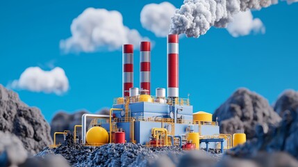 Obraz premium Colorful industrial factory with smoke stacks emitting clouds in a stylized landscape, representing energy production and environmental impact