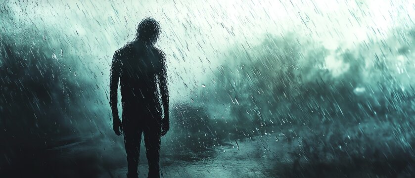 A lone figure stands in heavy rain, evoking themes of solitude and introspection in a moody, misty atmosphere.
