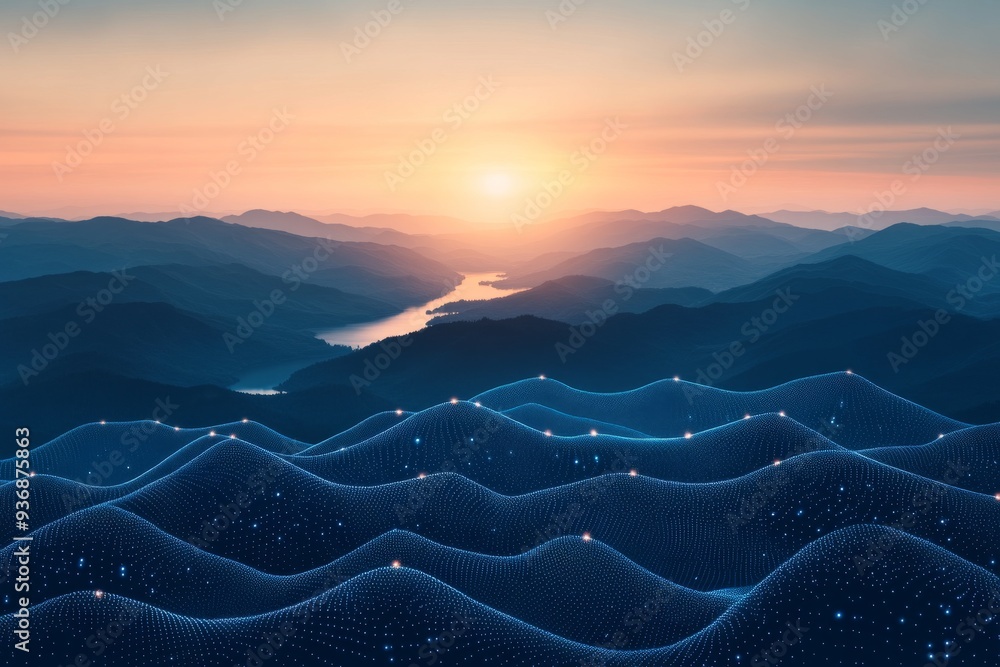 Aufkleber digital landscape of rolling hills with glowing blue data networks symbolizing the integration of na