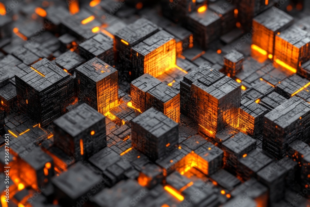 Aufkleber abstract digital cityscape with glowing orange cubes representing the intersection of urban developm