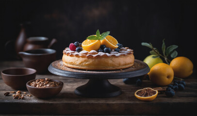 A lemon and blueberry cake sits on a black cake stand, surrounded by lemons and blueberries
