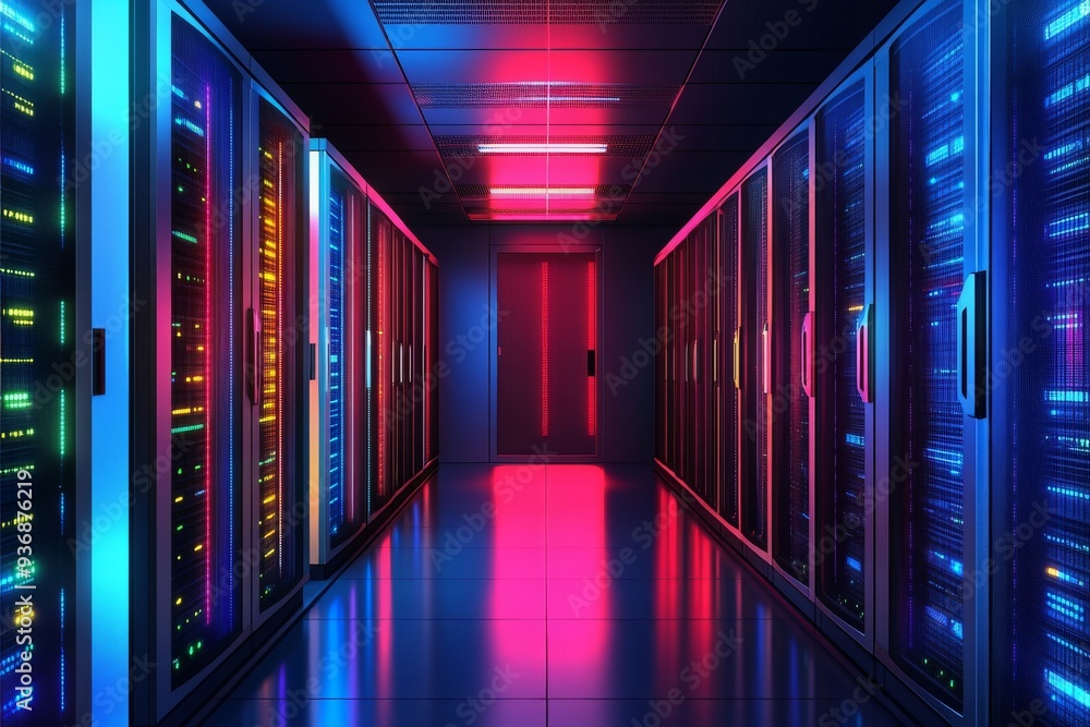 Poster futuristic corridor with neon blue and pink lighting symbolizing the sleek and modern design of high