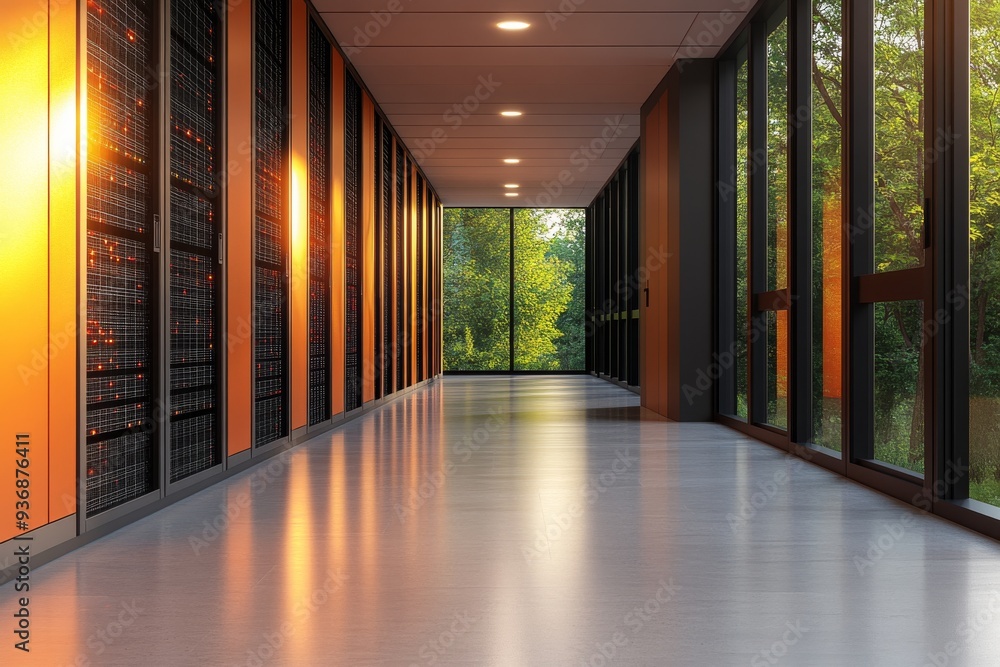 Aufkleber modern data center with large windows and a serene natural view symbolizing the integration of techn