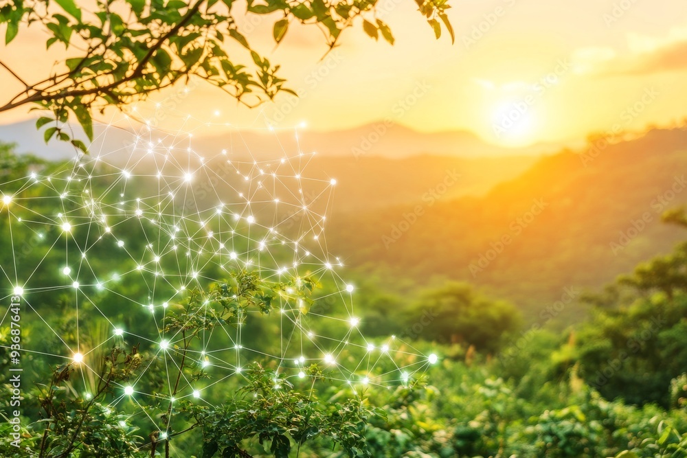 Poster digital network overlaying a serene natural landscape at sunset symbolizing the integration of moder