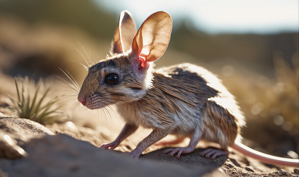 A long-eared jerboa stands on a rock in the desert