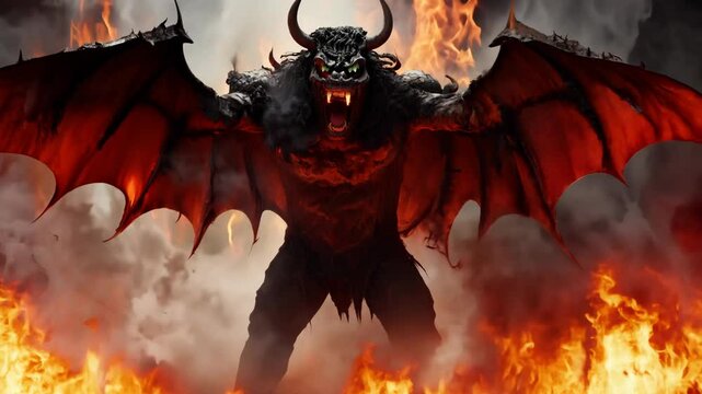 A terrifying monster rises from flames in a dark, fiery landscape