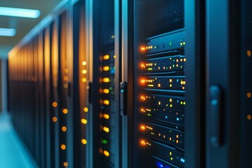 Close up of modern data servers with glowing orange lights representing the precision and efficiency of digital infrastructure in a high tech environment