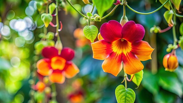 Vibrant tropical Thunbergia mysorensis flower hanging from a vine, tropical, exotic, flower, Thunbergia mysorensis, vibrant
