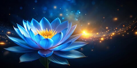 Blue lotus flower with illuminated lights and yellow center on black background, mystical and fantasy blossom, lotus, flower