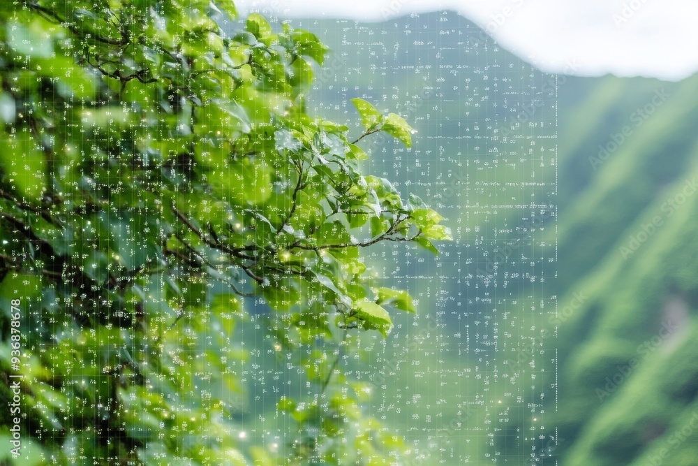 Aufkleber modern data center surrounded by lush green trees symbolizing the harmonious integration of technolo