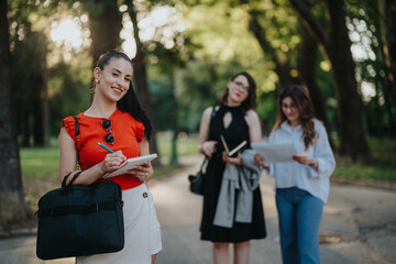 Obraz premium Smiling businesswoman holding notebook and pen, collaborating with colleagues in a park setting, enjoying a productive outdoor work environment.