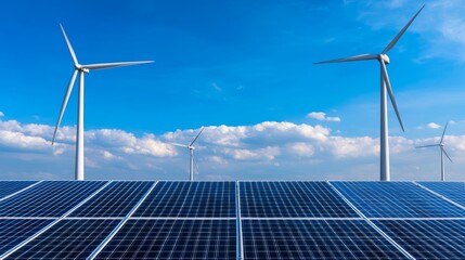 Solar panels in foreground with wind turbines against a clear blue sky. Concept of renewable energy and sustainability