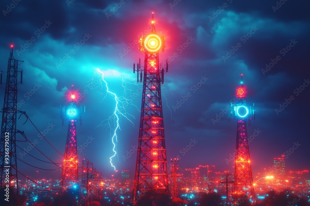 Poster futuristic communication towers with glowing red lights symbolizing the power and reach of modern te