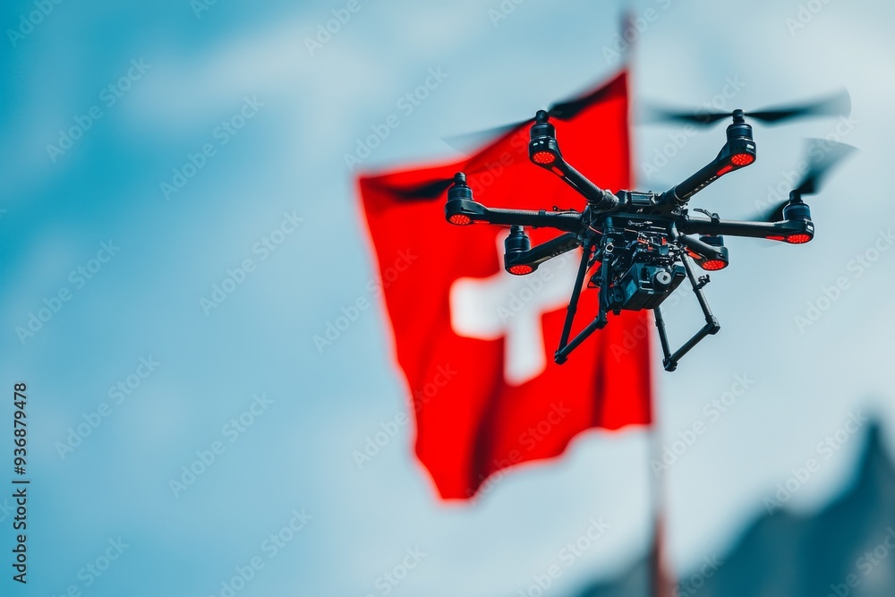 Poster drone flying near a red flag symbolizing the advanced technology and surveillance capabilities of mo