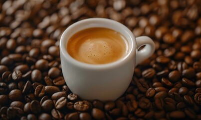 Fragrant hot coffee in a white cup with beans spilling roasted 