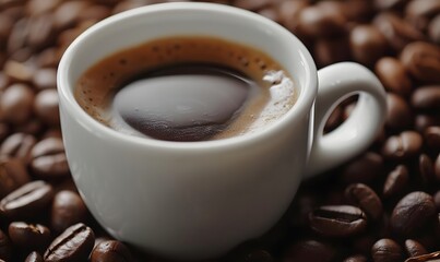 Fototapeta premium Fragrant hot coffee in a white cup with beans spilling roasted 