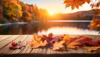 Autumn tabletop mockup. Maple Leaves on the Table - A close-up view of a rustic wooden table scattered with freshly falling leaves on lake background. Graphic art illustration. Ai Generative