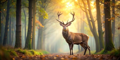 Fototapeta premium Majestic deer roaming through a peaceful forest , wildlife, nature, animals, forest, woodland, mammal