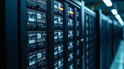 Rows of advanced data storage units fill the dimly lit server room, showcasing the complex technology at work in a modern facility dedicated to data management