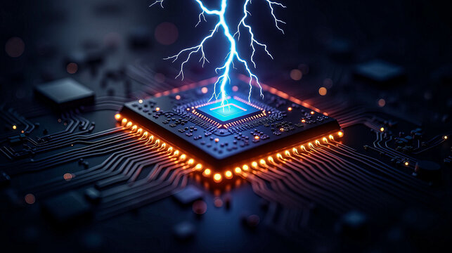 A powerful electric surge emits from the center of a computer chip, showcasing intricate circuit board designs enveloped in a dark atmosphere filled with glowing lights