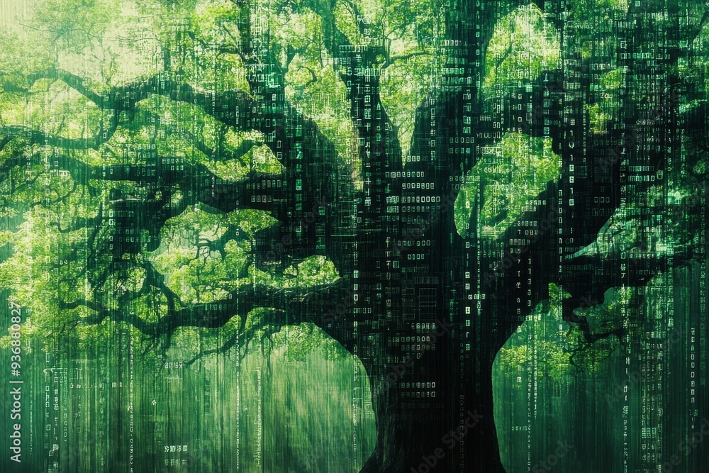 Poster abstract digital tree with glowing green circuits symbolizing the integration of technology and natu